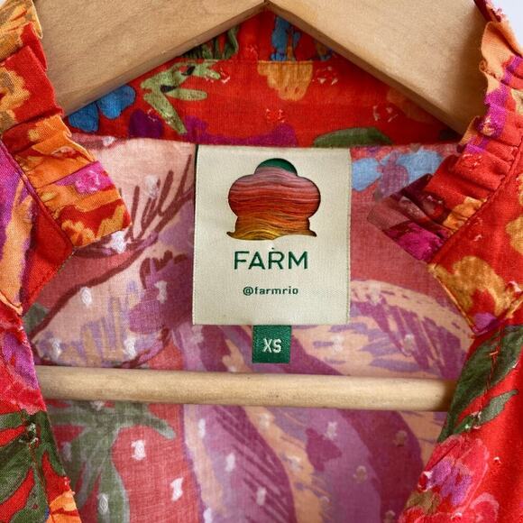 Farm Rio Bananas Ruffle Clip Dot Textured Cotton Blouse RED Puff Sleeve XS - Picture 14 of 16